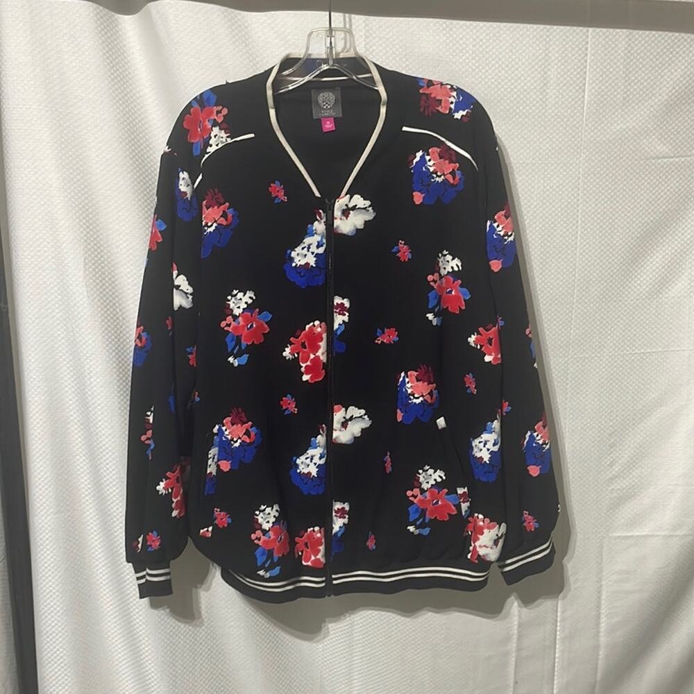 Vince Camuto 3x black floral bomber style front zip lined jacket mid weight euc